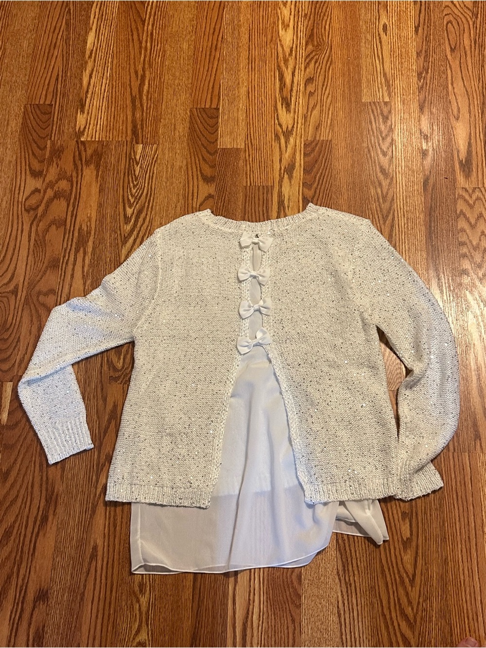 Simply Couture L Ivory Sequin Knit Sweater Bow Back Chiffon Hem